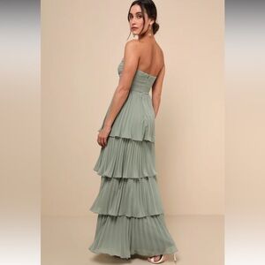Seriously Sensational Sage Brush Strapless Tiered Maxi Dress